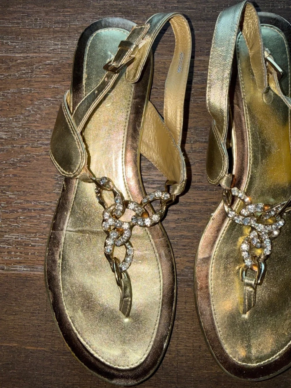 ALDO Gold Rhinestone Chain T-Strap Sandals Size 38